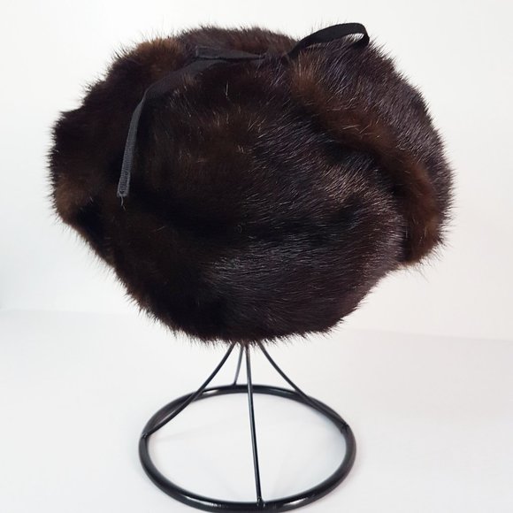Vintage Dark Brown Mink Suede Fur Aviator Hat, Real Fur Trapper Hat - Picture 7 of 10